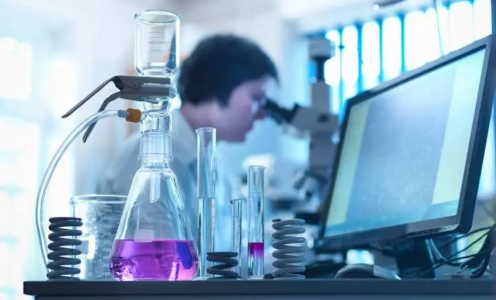 Velonex Chemicals workbench with sample glassware.